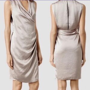 NWT All Saints Arina Silver Wrap Midi Cocktail Dress, Poly w/Washed Silk Look